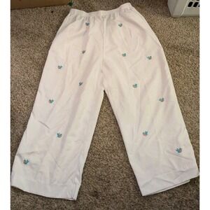 Alfred Dunner White Embroidered Blue Bird Cropped Pants size 12p  Elastic Waist